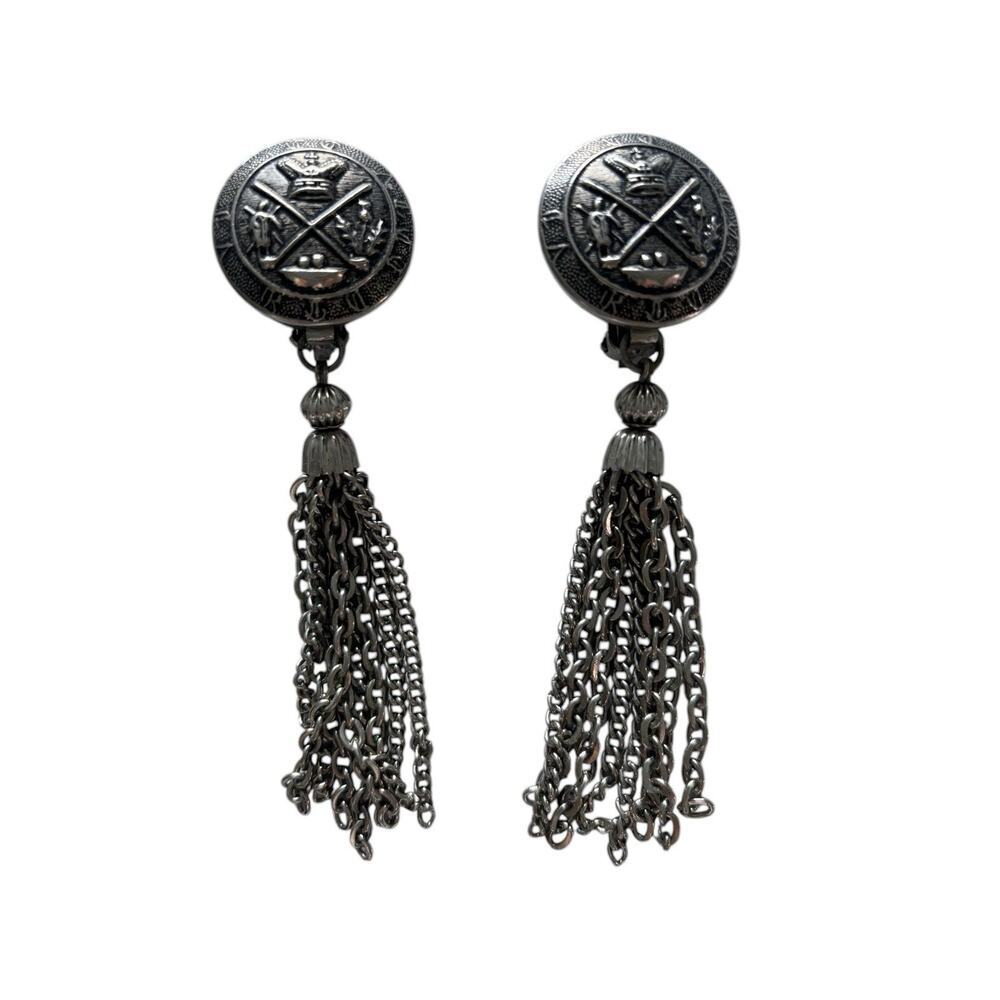 Byzantine Earrings 80s Dangle chain jeweled Silver Tone Button Clip On Vintage